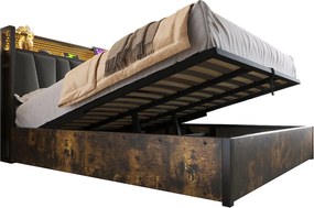 Łóżko dla dorosłych ze schowkiem 160 x 200 cm - sterowanie aplikacją LED + USB - drewno + len - styl industrialny - szary