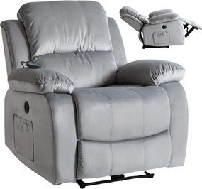 Fotel Masujący ARON Elektryczny Rozkładany z Podnóżkiem Szary Welurowy Nowoczesny