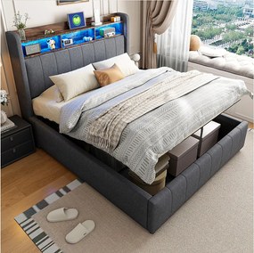 Łóżko 140x200 cm z pojemnikiem - Łóżko dla dorosłych z oświetleniem LED i ładowaniem USB - Zagłówek z półkami i schowkiem - szary len