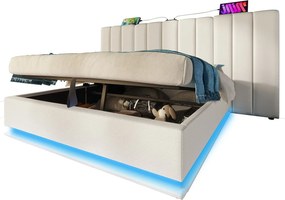 Łóżko tapicerowane z ekoskóry 180×200cm - z LED i ładowaniem - z stelażem na listwach - Białe