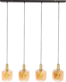 Designerska lampa wisząca czarna z mosiądzem i bursztynowym szkłem 4-światłowa - Zuzanna