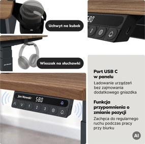 Biurko elektryczne z regulacją wysokości ergonomiczne antracytowe/orzech,1400x700 mm: ARIA