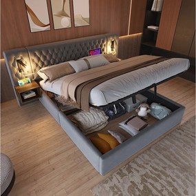 Łóżko z pojemnikiem 180x200 cm - łóżko dwuosobowe ze stolikiem nocnym, lampką do czytania i portem USB - szary aksamit - bez materaca