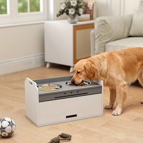 PawHut Podwyższana miska z szafką do przechowywania, 2 miski z pierścieniami antypoślizgowymi, 60 x 30 x 35,5 cm, Biały | Aosom PL