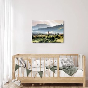 Obraz na szkle - wieś we mgle (70x50 cm)