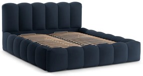 Ciemnoniebieskie tapicerowane łóżko dwuosobowe ze schowkiem i stelażem 200x200 cm Lupine – Micadoni
