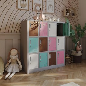 Metalowa szafka do szatni i przedszkola OLA, 1090 x 1200 x 450 mm, szaro-pastelowa