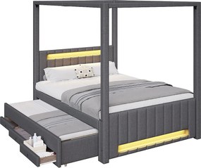 Pikowane łóżko podwójne 140x200cm - z baldachimem - Z opuszczaną ramą łóżka i 3 szufladami - Oświetlenie LED - Szary​ (materac nie jest wliczony w cenę)