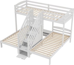 Łóżko piętrowe 90x200 cm - 3 miejsca do spania - schody z miejscem do przechowywania - z 4 szufladami - z barierką - biały