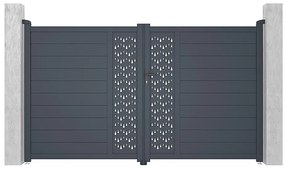 Skrzydłowa, elektryczna, pół-perforowana aluminiowa brama z wzorem Dł.305 x Wys.181 cm antracytowa GREGOR