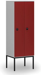 Drewniana szafa ubraniowa z podstawą, 2-drzwiowa, 1871 x 600 x 500 mm, demontaż, zamek RFID, szary/czerwony