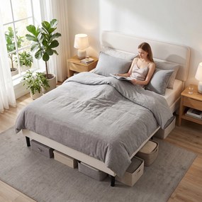 HOMCOM Rama łóżka 140 x 200 cm z regulowanym wezgłowiem, tapicerowane łóżko w wyglądzie lnu z 12 listwami ze sklejki, beżowy | Aosom PL