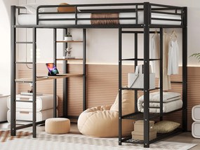 Łóżko mezzanine 140x200cm z metalu - z biurkiem i półkami - Czarny