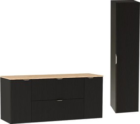 Czarny Zestaw do Łazienki 140cm Szafka Blat Orzech Słupek Ryflowane Fronty