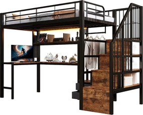 Metalowe łóżko piętrowe dla dzieci - 90 x 200 cm - z 2 szufladami + szafa + oświetlenie LED + biurko + drabinka - czarne