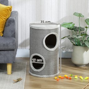 PawHut Tuba do drapania, 60 cm wysokości Ø 35 cm dwupiętrowa kocia tuba z 2 jaskiniami, pluszowy rant, dla 1-2 kotów do 5 kg, Jasnoszary | Aosom PL