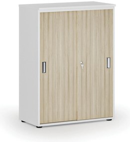 Szafa biurowa z drzwiami przesuwnymi PRIMO WHITE, 800 x 420 x 1087 mm, biały/dąb naturalny