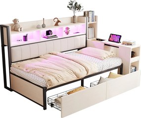 Łóżko dzienne 90x200 cm - Łóżko dziecięce z 2 szufladami i schowkiem, oświetleniem LED i gniazdkami elektrycznymi - kolor biały - materac nie jest wliczony w cenę.