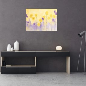 Obraz na szkle - Fioletowe i żółte kwiatuszki (70x50 cm)