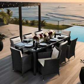 Zestaw Mebli Ogrodowych POMONA Czarny/Beżowy 8 Krzeseł Stół Tarasowy Technorattan Nowoczesny