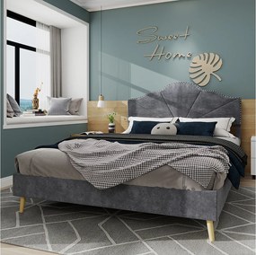 Łóżko dla dorosłych 140 x 200 cm - Łóżko dwuosobowe z miękkim zagłówkiem i drewnianymi nogami - szary aksamit holenderski