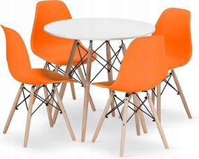 Zestaw stołowy Valora KOVA 80, nowoczesny biały okrągły stół + 4 pomarańczowe krzesła