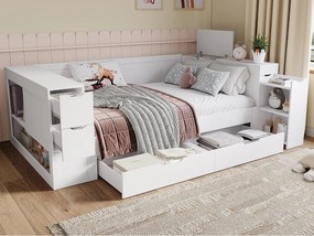 Rozkładana kanapa dziecięca 90x190 cm - z szufladami, półkami i miejscem do przechowywania - MDF - Biały​ (bez materaca)