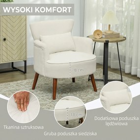 HOMCOM Nowoczesny Fotel z Podłokietnikami, Tapicerowany Akcentowy Fotel z Poduszką Lędźwiową, Nogi z Drewna Kauczukowego, Kremowy | Aosom PL