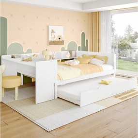 łóżko wysuwane - 140 x 200 cm + 90 x 190 cm - schowek + biurko - bez materaca - sosna + płyta wiórowa - białe