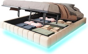 Łóżko tapicerowane 180x200 cm - bez wezgłowia - z oświetleniem LED - len - beżowe (materac nie jest w zestawie)