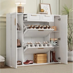 Składana szafka na buty - 120 x 24 x 107 cm - z 2 szufladami + 2 drzwiami + regulowane półki - MDF + metal - biały