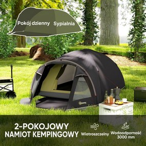 Outsunny Lekki Namiot Campingowy dla 4 Osób UV 50+ - Tunelowy, Czarny z Przedsionkiem, Bocznymi Drzwiami i Oknami