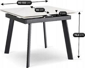 Stół Rozkładany Kwadratowy LARES 90-150 cm Ceramiczny Biały Marmur/Czarny Nowoczesny