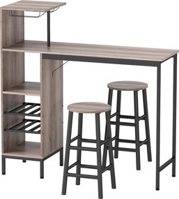 HOMCOM 3-częściowy zestaw barowy z półkami i hokerami, regał na wino, szary