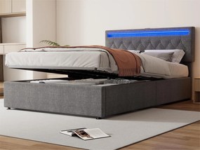 Łóżko z pojemnikiem 140x200 cm z tkaniny lnianej z LED - gniazda USB i Type-C na łóżku - z stelażem na listwy - Szary