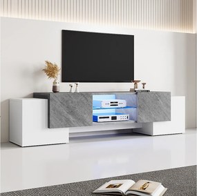 Pojedyncza szafka pod TV - 180 x 40 x 46,5 cm - z 4 drzwiami - odpowiednia do telewizorów 60/65/70 cali - MDF - szara + biała