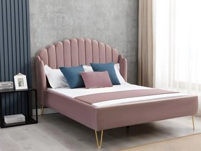 Łóżko 160 × 200 cm z falistym zagłówkiem – Welur –Pudrowy róż + Materac – SAGALI