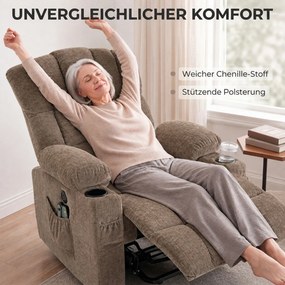 HOMCOM Fotel telewizyjny z funkcją ułatwiającą wstawanie, elektryczny fotel relaksacyjny z masażem i ogrzewaniem, funkcja leżenia, porty USB, Brązowy | Aosom PL