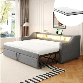 Rozkładana sofa - 90/180 x 190 cm - z półkami do przechowywania + diody LED + USB - len + płyta MDF - jasnoszara (z 2 materacami)
