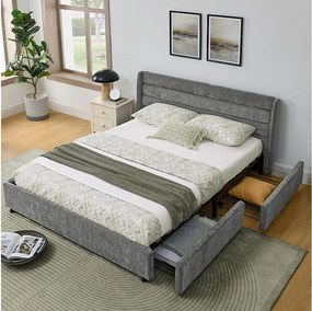 Łóżko podwójne 140 x 200 cm – łóżko dla dorosłych z 2 dużymi szufladami – ciemnoszara tkanina szenilowa – materac nie jest wliczony w cenę