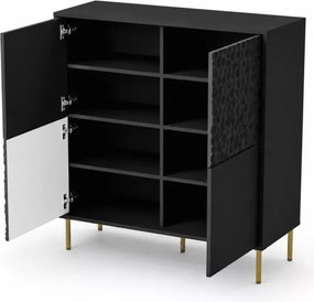 Nowoczesna komoda PULSET KM-2 w czerni z eleganckimi złotymi nóżkami – idealna do salonu lub sypialni