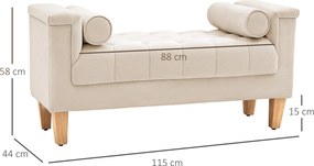 HOMCOM Ławka tapicerowana w stylu vintage z pokryciem z szenuilu, podłokietniki, 2 poduszki, ramka z drewna, ławka do sypialni, salonu, przedpokoju, 115 x 44 x 58 cm, Beżowy