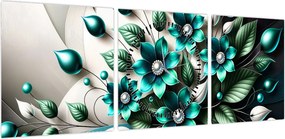 Obraz - 3D turkusowe kwiaty (z zegarem) (90x30 cm)