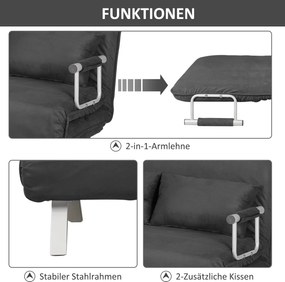 Sofa dwuosobowa rozkładana z funkcją spania łóżko dla gości z podłokietnikami szezlong 3 w 1 szara | Aosom PL