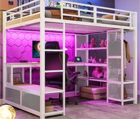 Łóżko na antresoli z metalu 140x200 cm - z biurkiem i półkami - z otwartym wieszakiem - Port USB i oświetlenie LED - Biały (bez materaca)