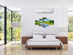 Obraz letniej rzeki z łodzią (125x70 cm)