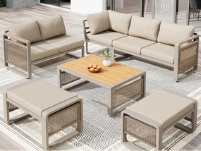 Salon ogrodowy, zestaw mebli na 6-7 osób - lin - kanapa narożna - z żelaza ocynkowanego - stolik kawowy - 2 taborety, Beżowy