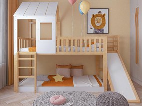 Łóżko piętrowe dla dzieci 90 x 200 cm ze zjeżdżalnią + stelaż z listew, kolory: naturalny i biały