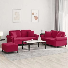 Zestaw 3-częściowy sofa z aksamitu bordowego z poduszkami i pufem, solidna konstrukcja z metalu i sklejki