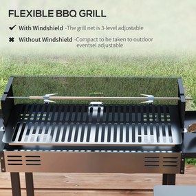 Outsunny Holzkohlegrill Grill BBQ-Grill, regulowany ruszt, 1 rożen, 118 x 32 x 90 cm, Czarny + Srebrny